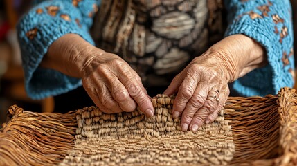 Elderly hands weaving a basket with intricate details, warm indoor lighting.