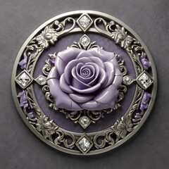 An exquisite 3D render displays a circle of lavender roses encircled by silver diamond motifs and a central diamond heart. A delicate silver plaque is placed at the bottom, all set against a smooth