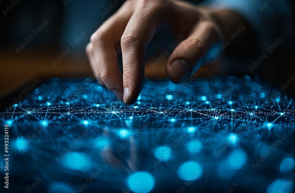 Poster an image of a businessman working on a tablet computer with a server room background
