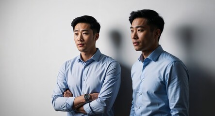 Thoughtful young Asian man with short hair wearing business casual on plain white background