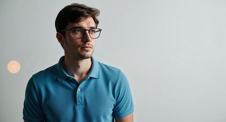 Obraz premium Thoughtful young Caucasian man with glasses wearing polo shirt on plain white background
