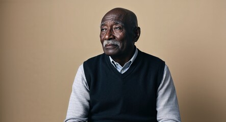 Obraz premium Thoughtful elderly Black man with bald head wearing sweater vest on plain beige background