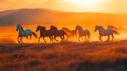 Obraz premium herds of horses gallop across the field