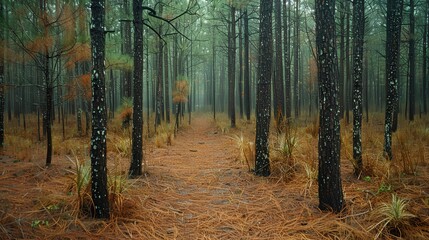 Fototapeta premium Dense pine forest with tall trees and a soft floor covered in pine needles creating a tranquil atmosphere.
