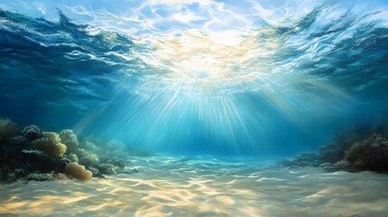 Underwater Scene with Sunbeams Illuminating Coral Reef and Sandy Bottom