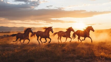 herds of horses gallop across the field