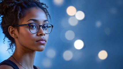 A young attractive black woman against a blue background