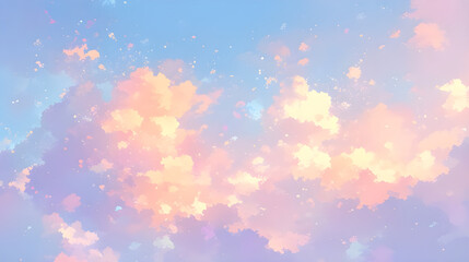 Dreamy pastel sky with soft, fluffy clouds and sparkling stars.