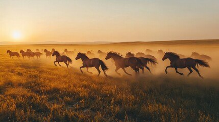 herds of horses gallop across the field