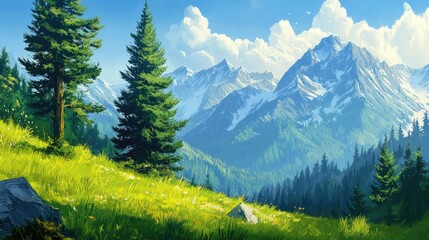 Scenic summer alpine landscape featuring lush grass and two pine trees on the left with a backdrop of forested mountains
