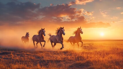 Fototapeta premium herds of horses gallop across the field