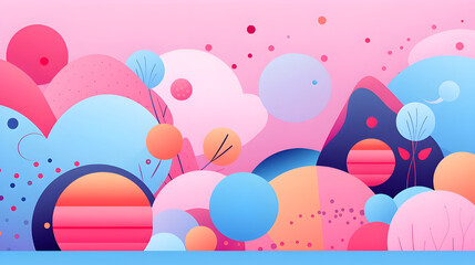 Playful, abstract landscape with colorful shapes and patterns.