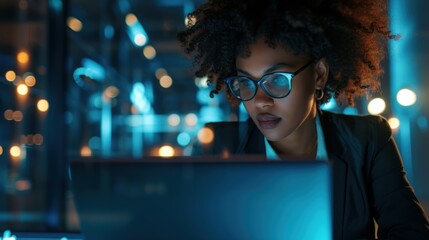 A woman wearing sunglasses is using a laptop at night during evening hours