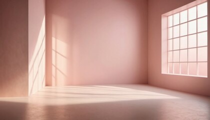 empty studio space with large window and empty wall in pink tones , mockup for your idea, ai generated , ai