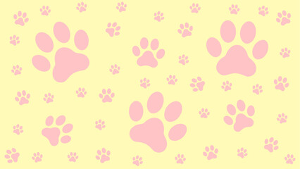 pattern featuring pink dog and cat paw prints on a bright yellow background. Paw animal print silhouettes.perfect for pet accessories and products.