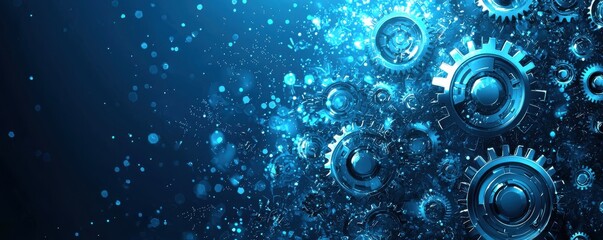 background featuring interconnected gears with a vibrant blue color scheme symbolizing technology, innovation, and complexity