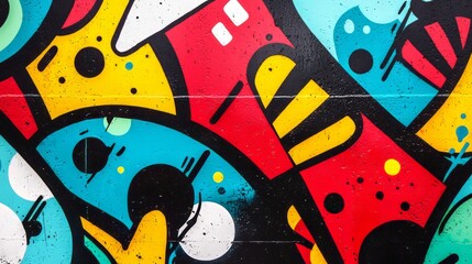 Bold abstract graffiti-inspired artwork with vibrant red, yellow, blue, and green geometric shapes layered over a black background, creating a dynamic street art aesthetic. AI generative.