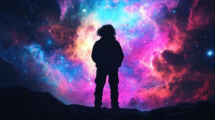 A silhouette of an individual set against a vivid cosmic scene