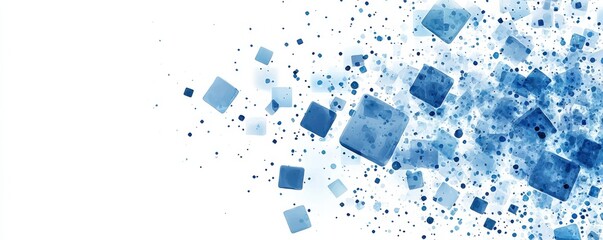 Abstract banner with dynamic blue squares on a white background conveying movement and modern design