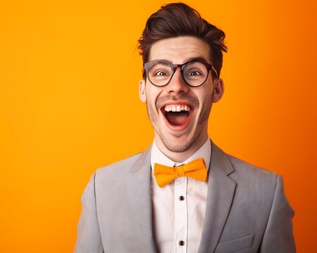 Enthusiastic Young Man with Orange Bow Tie on Vibrant Orange Background - Happy Excited Expression Business Portrait