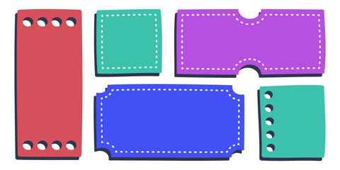 Empty text frames with stabbing, hand drawn tickets and coupons, colorful text and message boxes with flat shadow. Vector illustration.