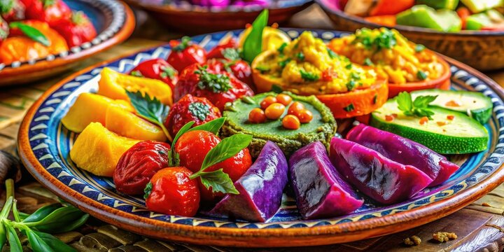 A striking display of colorful sesos artfully arranged on a vibrant plate, highlighting traditional culinary techniques and rich textures in this visually captivating masterpiece.