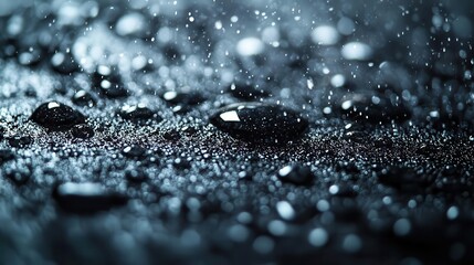 macro shot of water drops glistening on a black surface creating a dramatic texture filled with splashes and bubbles perfect for abstract wallpaper designs