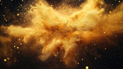 Obraz premium Dynamic sand explosion featuring vibrant gold splashes set against a striking dark backdrop creating an eye catching artistic display