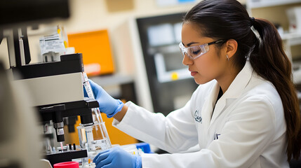 A latina scientist examines samples in a laboratory with precision and focus showcasing dedication to research and exploration