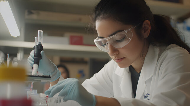 A latina scientist carefully examines samples in a laboratory, wearing safety goggles and gloves, focused on her research tasks - Powered by Adobe