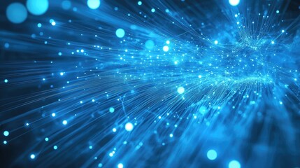 Blue optical fibers illustrating a data network flow representing secure digital connectivity