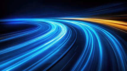 Abstract road featuring blue light trails symbolizing data transfer speed and the concept of digitization