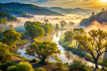 Obraz premium River Valley stretches across serene landscape with misty atmosphere morning light filters through ancient tree branches