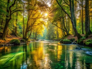 River's gentle current meanders through a tapestry of emerald and amber hues, where majestic trees rise from forest floor and sunlight dances across rippling water.