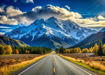 Road stretches into distance beneath brilliant blue sky arching over towering snow-capped mountain peaks glistening in warm sunlight.