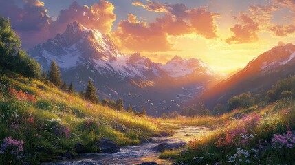 majestic mountains with lush greenery under a warm sunset blending vivid oranges and soft purples the serene atmosphere evokes a sense of peace and wonder