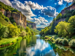 Obraz premium Serene landscape unfolds as a calm river flows gently through a narrow valley, lined with dense foliage and steep cliffs, under a brilliant blue sky with few wispy clouds.
