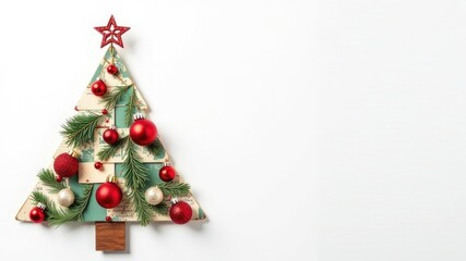 Banner with an image of a decorated Christmas tree made from vintage cards with red ornaments and pine branches on a white background with space for an inscription
