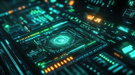 Fototapeta premium Futuristic Green and Orange Digital Interface Design with Glowing Circles and Lines - Abstract Technology Background.