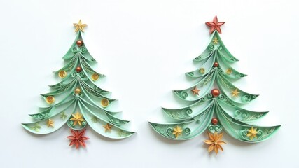 Fototapeta premium Fishnet Christmas trees made of quilling-style paper with red decorations on a white background with space for copying