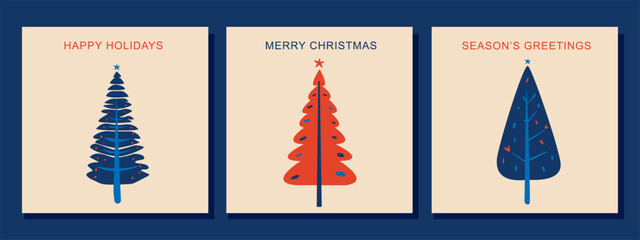 A set of hand drawn Christmas cards with trees and inscriptions. Greeting cards with Christmas trees. Vector