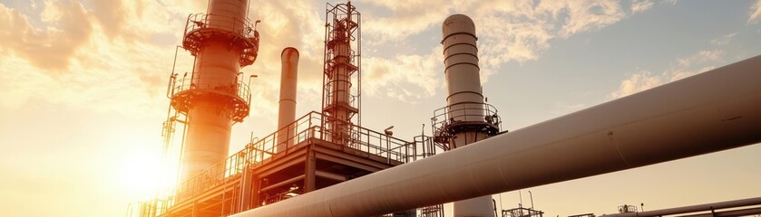 Fototapeta premium Industrial scene at sunset with pipelines and smokestacks, showcasing energy production and infrastructure against a dramatic sky.
