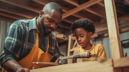A young black boy assists his father with woodworking in a workshop, showcasing learning and collaboration between generations