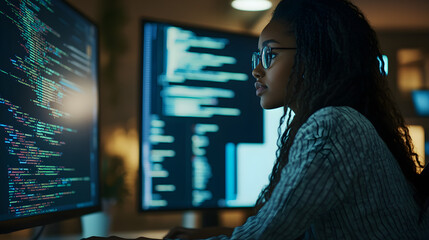 A young black female software engineer focused on coding at her dual monitor setup, immersed in her work and surrounded by digital data