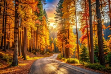 Fototapeta premium Forest floor bathed in warm golden light, vibrant autumn leaves scattered amidst towering evergreen trees standing guard along winding road.