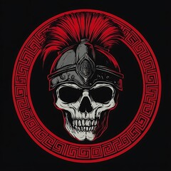 A Skull in a Greek Helmet with a Red Feather and a Meander Border
