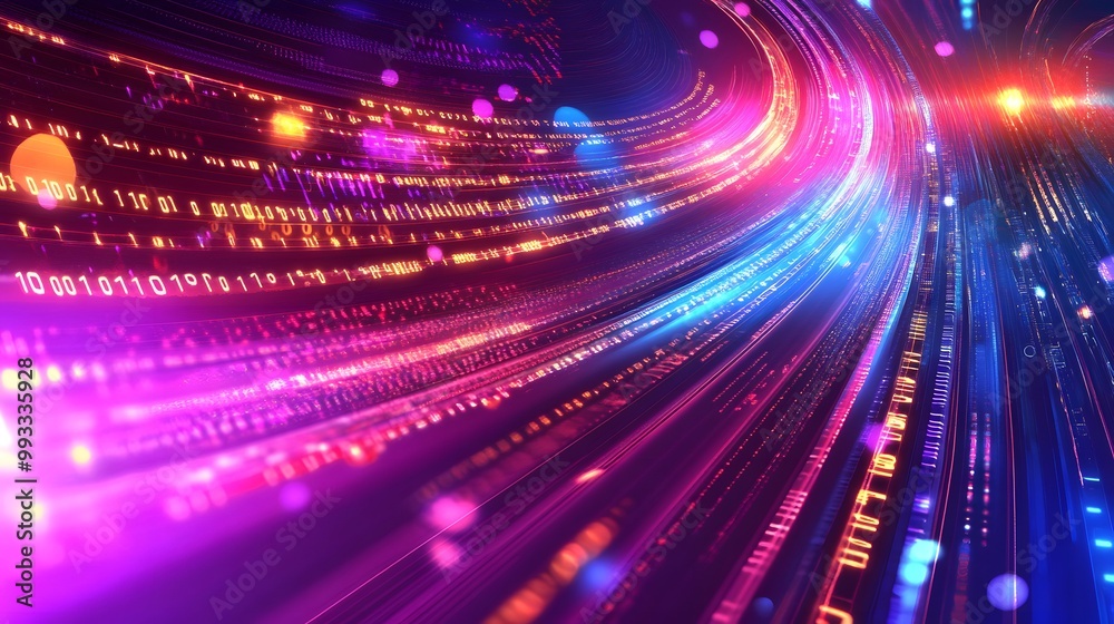 Poster abstract digital tunnel with binary code and bright lights