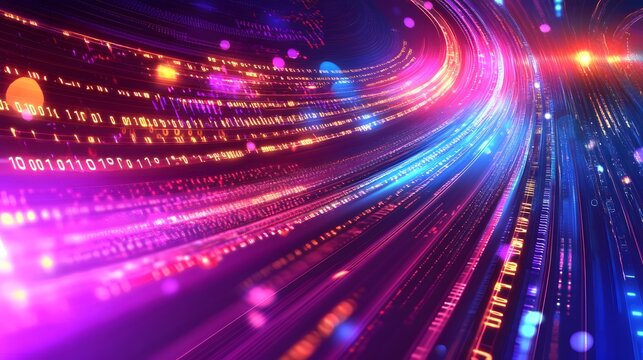 Abstract Digital Tunnel with Binary Code and Bright Lights