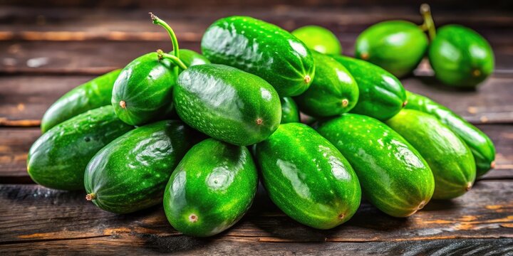 Bright green mamoncillos lie on a weathered wooden table, exhibiting their distinctive texture and lively color, ready to tantalize your taste buds.
