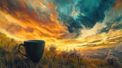 Serene Outdoor Scene Featuring a Cup Surrounded by Dynamic Skies